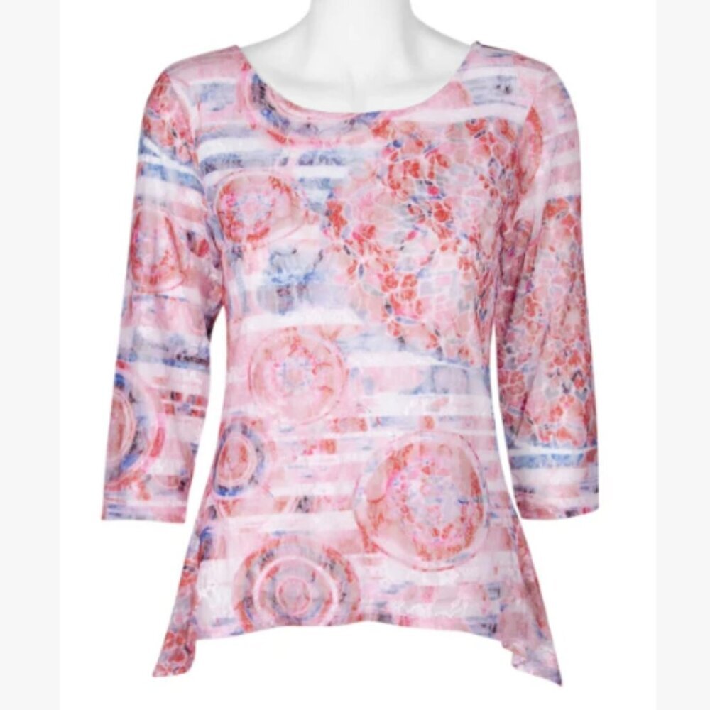 Carre Noir Top‎ Womens Size Medium Mesh Lace Layered Sheer Stretch Pink Red Blue